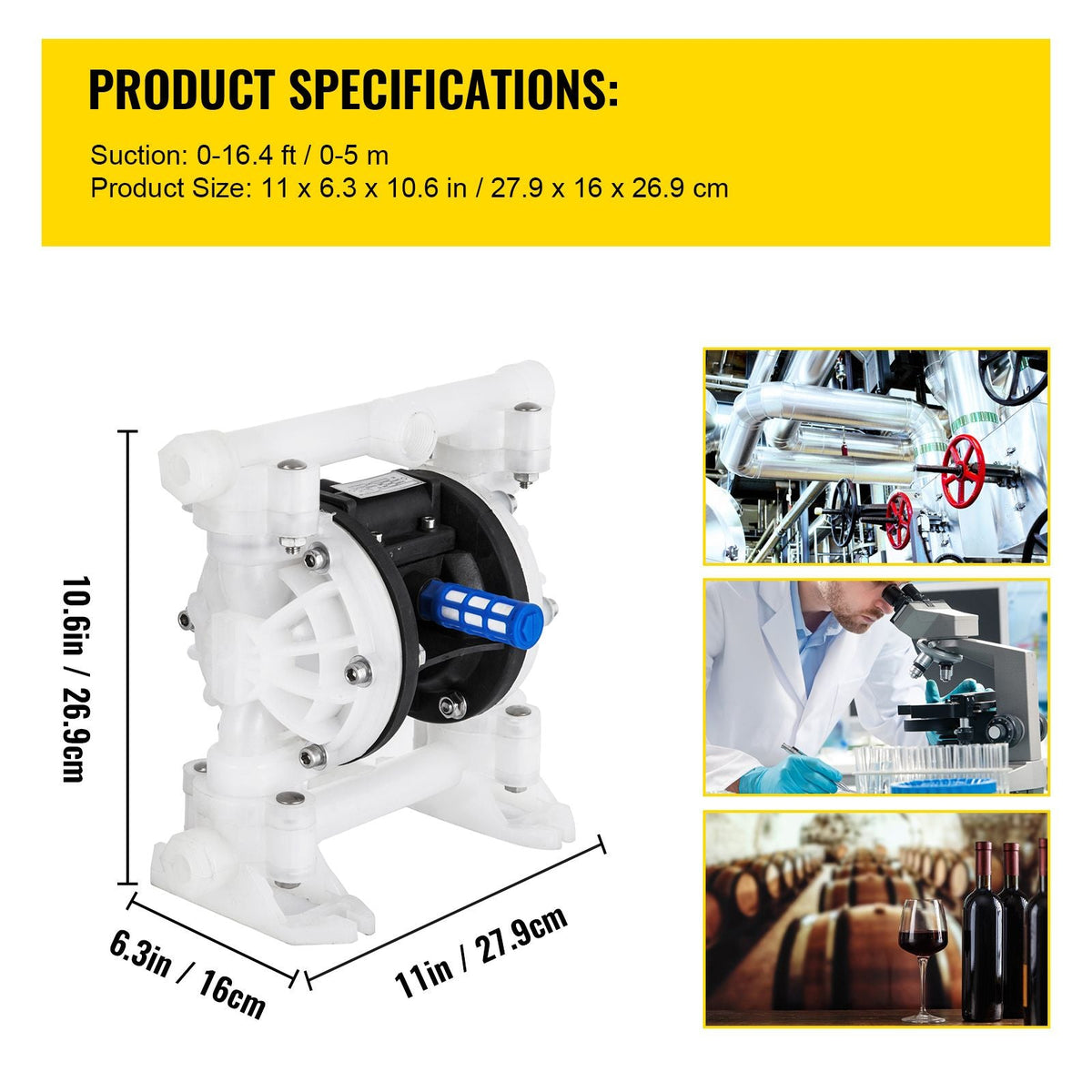 Air-Operated Double Diaphragm Pump, 1/2 in Inlet & Outlet, Polypropylene Body, 8.8 GPM & Max 120PSI, PTFE Diaphragm Pneumatic Transfer Pump for Petroleum, Diesel, Oil & Low Viscosity Fluids