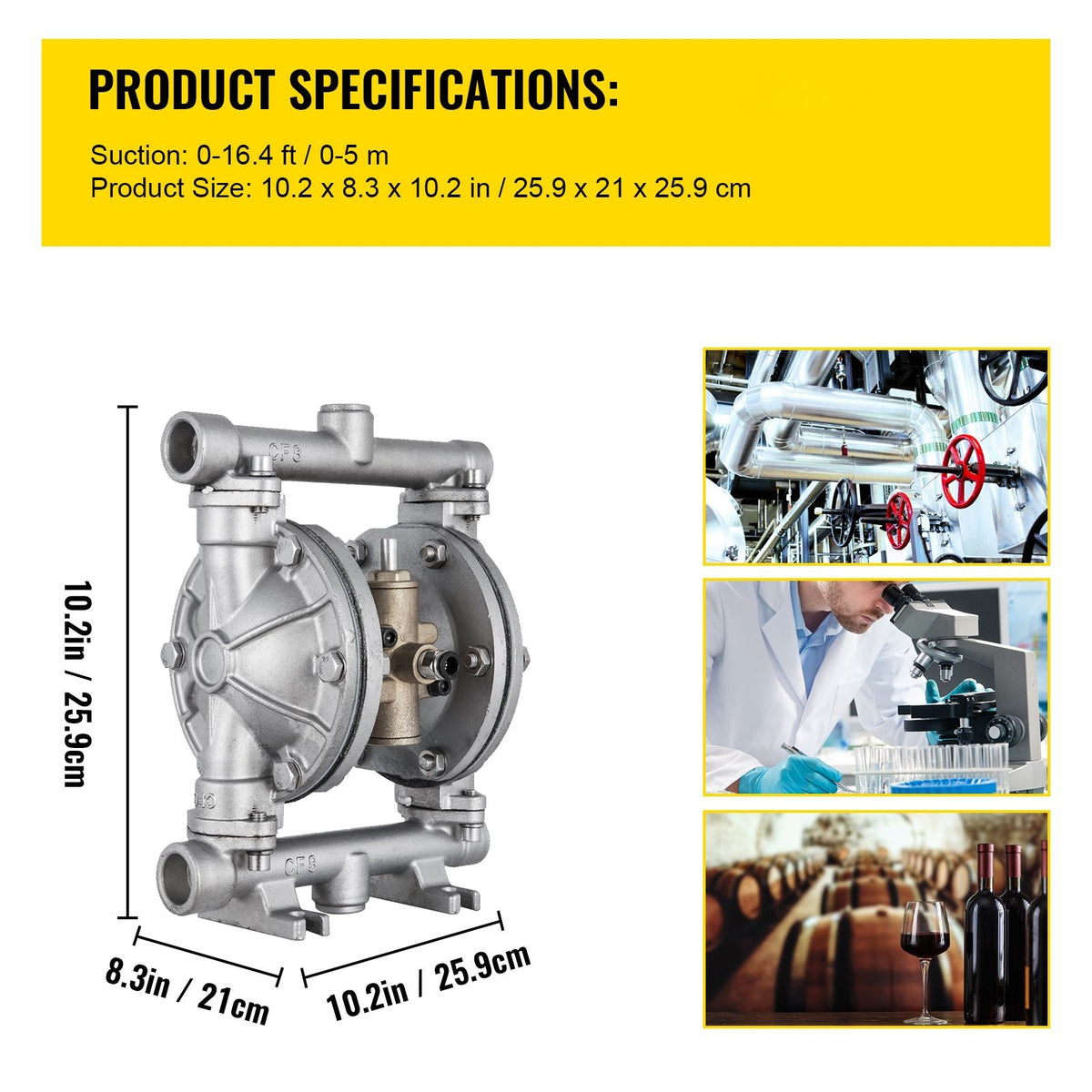 Air-Operated Double Diaphragm Pump, 1/2 in Inlet & Outlet, Stainless Steel Body, 8.8 GPM & Max 120PSI, PTFE Diaphragm Pneumatic Transfer Pump for Petroleum, Diesel, Oil & Low Viscosity Fluids