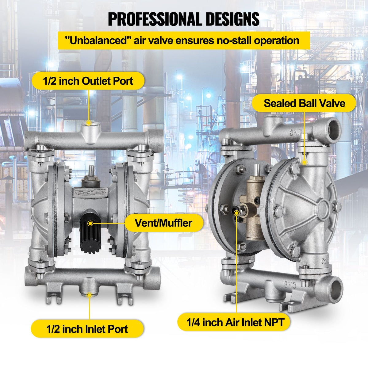 Air-Operated Double Diaphragm Pump, 1/2 in Inlet & Outlet, Stainless Steel Body, 8.8 GPM & Max 120PSI, PTFE Diaphragm Pneumatic Transfer Pump for Petroleum, Diesel, Oil & Low Viscosity Fluids