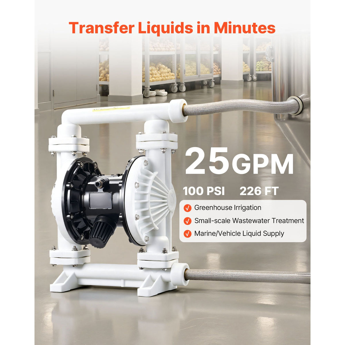 Air Operated Double Diaphragm Pump, 25 GPM, 1 inch Inlet & Outlet Pneumatic Waste Oil Transfer Pump, Max 100 PSI, Polypropylene Body, Air-Operated for Diesel, Grease, Kerosene, Gasoline & Oil