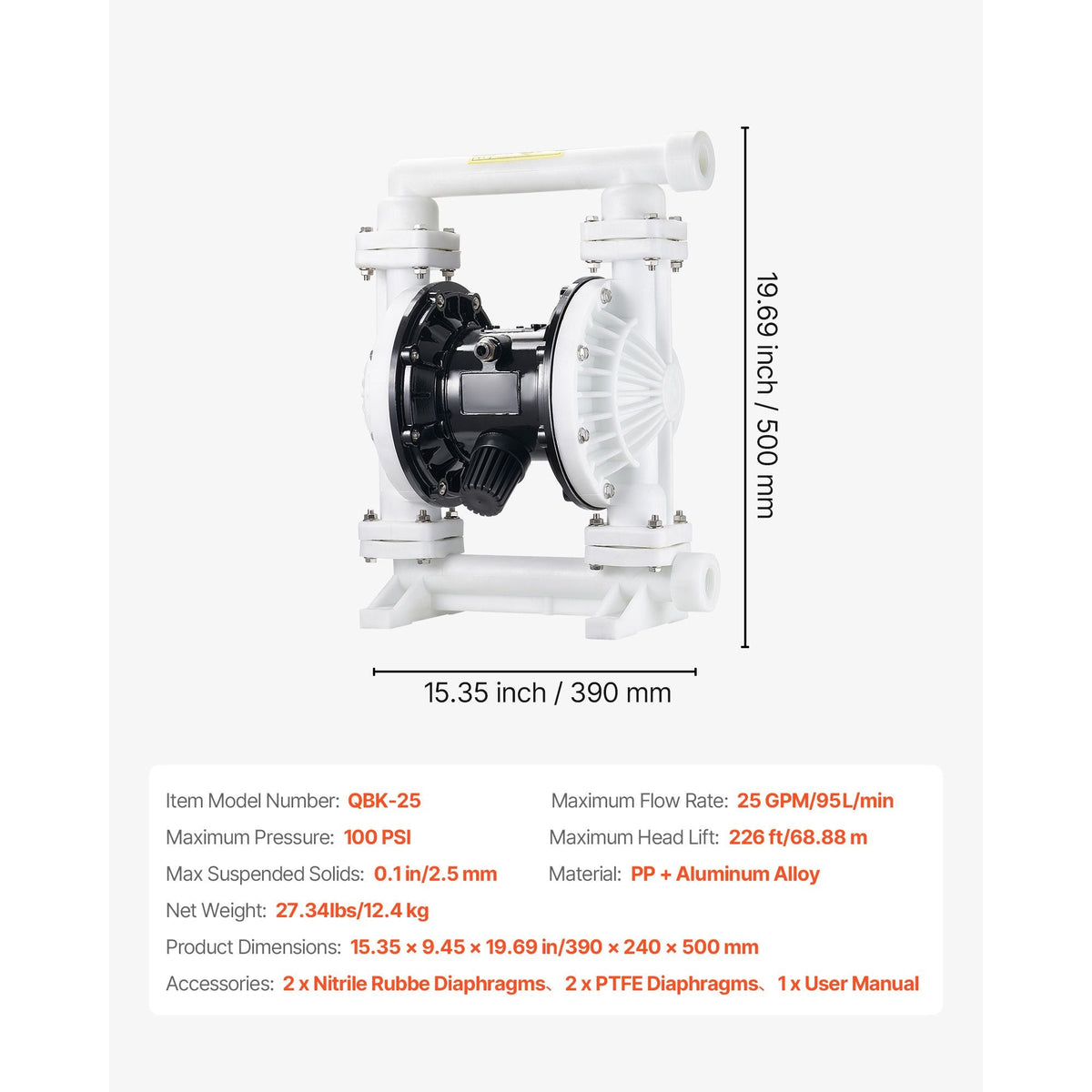 Air Operated Double Diaphragm Pump, 25 GPM, 1 inch Inlet & Outlet Pneumatic Waste Oil Transfer Pump, Max 100 PSI, Polypropylene Body, Air-Operated for Diesel, Grease, Kerosene, Gasoline & Oil