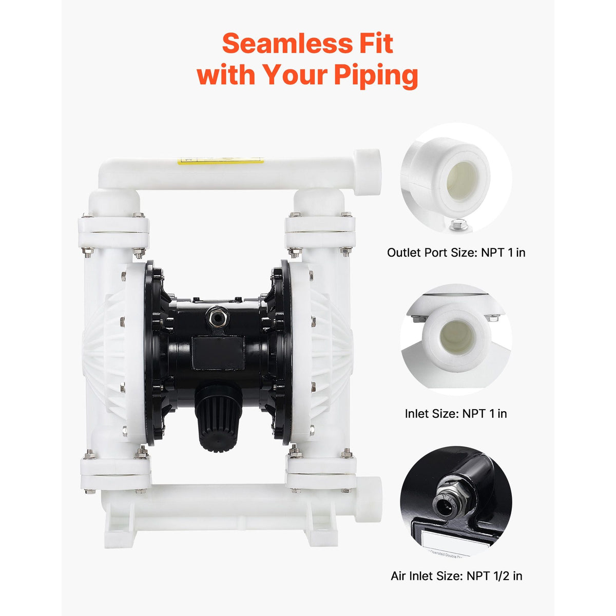 Air Operated Double Diaphragm Pump, 25 GPM, 1 inch Inlet & Outlet Pneumatic Waste Oil Transfer Pump, Max 100 PSI, Polypropylene Body, Air-Operated for Diesel, Grease, Kerosene, Gasoline & Oil