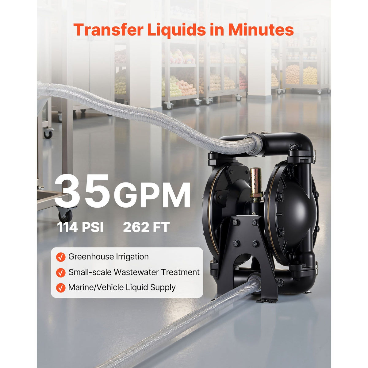 Air Operated Double Diaphragm Pump, 35 GPM, 1 inch Inlet & Outlet Pneumatic Waste Oil Transfer Pump, Max 114 PSI, Aluminum Alloy Body, Air-Operated for Diesel, Grease, Kerosene, Gasoline & Oil
