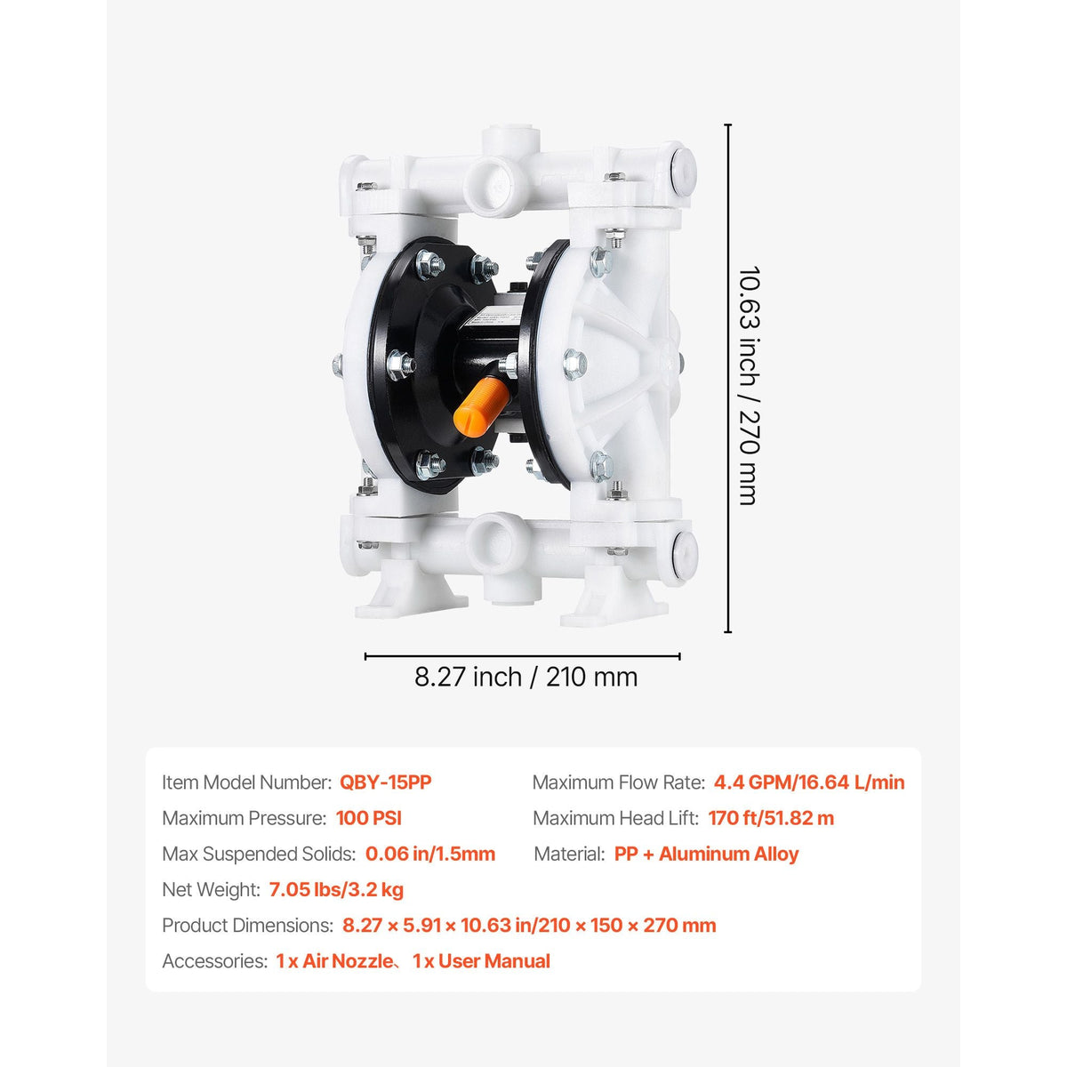 Air Operated Double Diaphragm Pump, 4.4 GPM, 1-1/2 inch Inlet & Outlet Pneumatic Waste Oil Transfer Pump, Max 100 PSI, Polypropylene Body, Air-Operated for Diesel, Grease, Kerosene, Gasoline