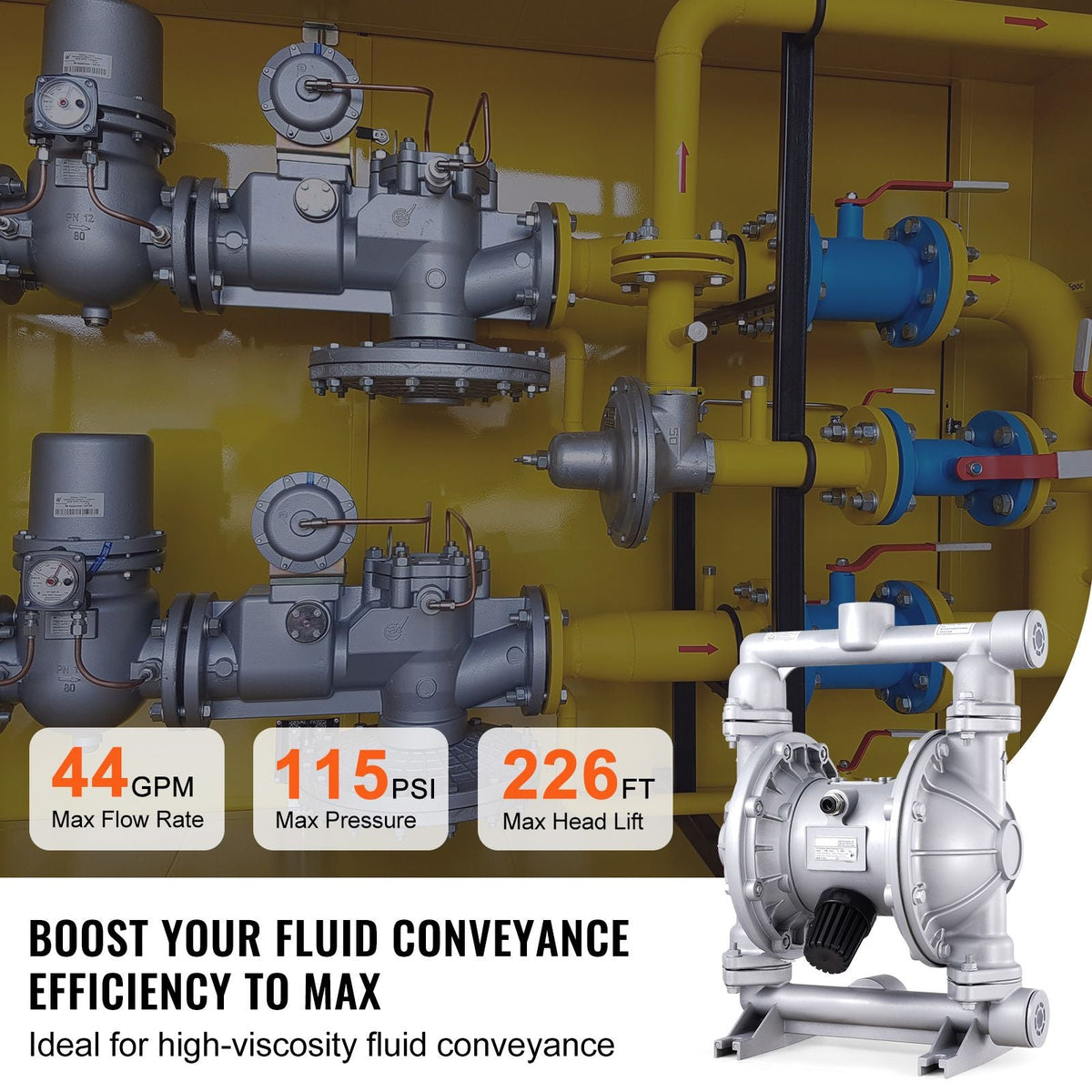 Air Operated Double Diaphragm Pump, 44GPM, Max 115PSI Air Waste Oil Pneumatic Transfer Pump with 2 Extra Diaphragms, 1-1/2 inch Inlet & Outlet Aluminum Alloy Diaphragm Pump for Diesel Grease Oil