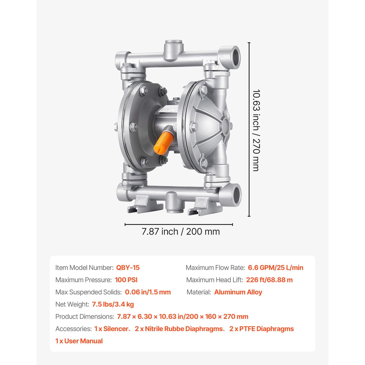 Air Operated Double Diaphragm Pump, 6.6 GPM, 3/8 inch Inlet & Outlet Pneumatic Waste Oil Transfer Pump, Max 100 PSI, Aluminum Alloy Body, Air-Operated for Diesel, Grease, Kerosene, Gasoline