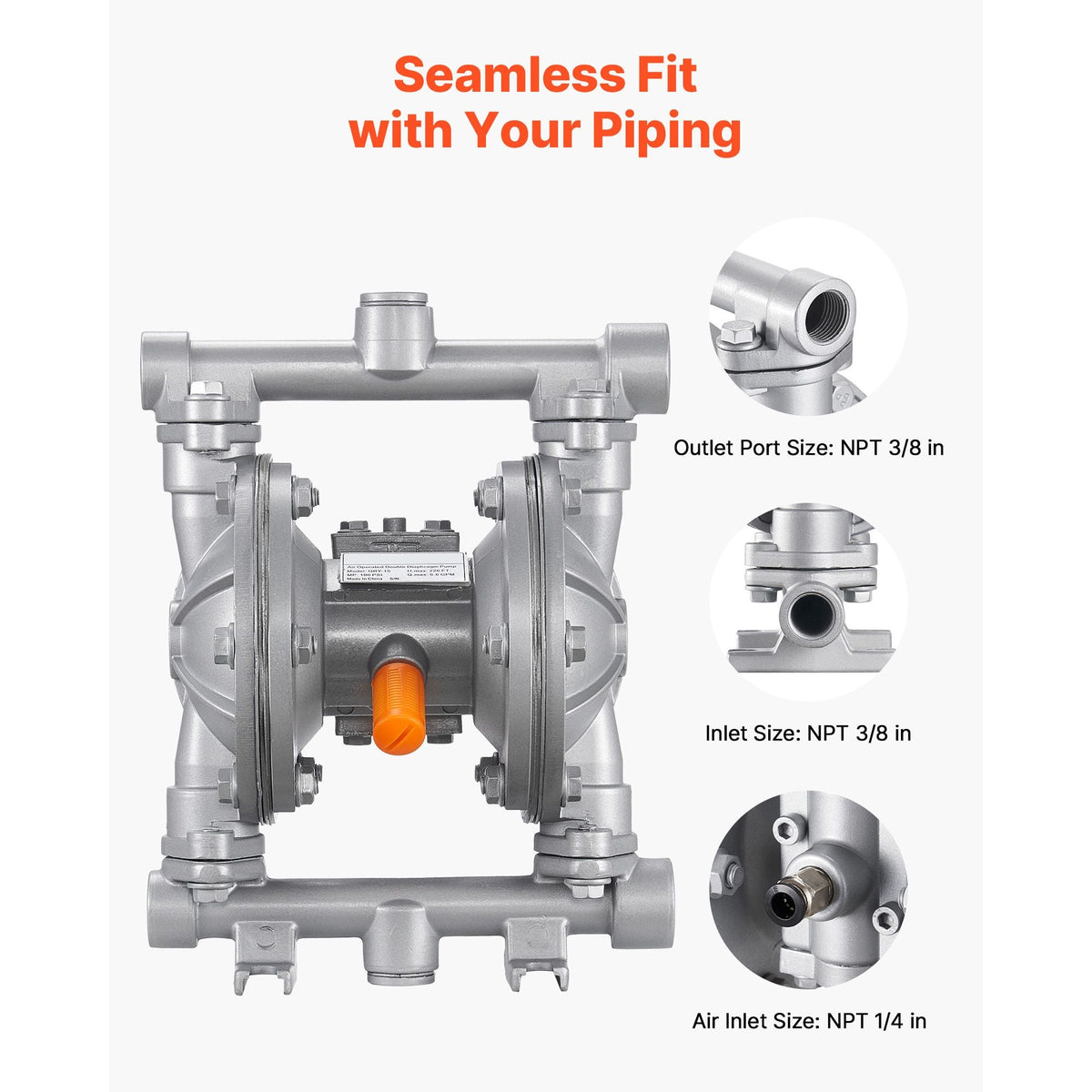 Air Operated Double Diaphragm Pump, 6.6 GPM, 3/8 inch Inlet & Outlet Pneumatic Waste Oil Transfer Pump, Max 100 PSI, Aluminum Alloy Body, Air-Operated for Diesel, Grease, Kerosene, Gasoline