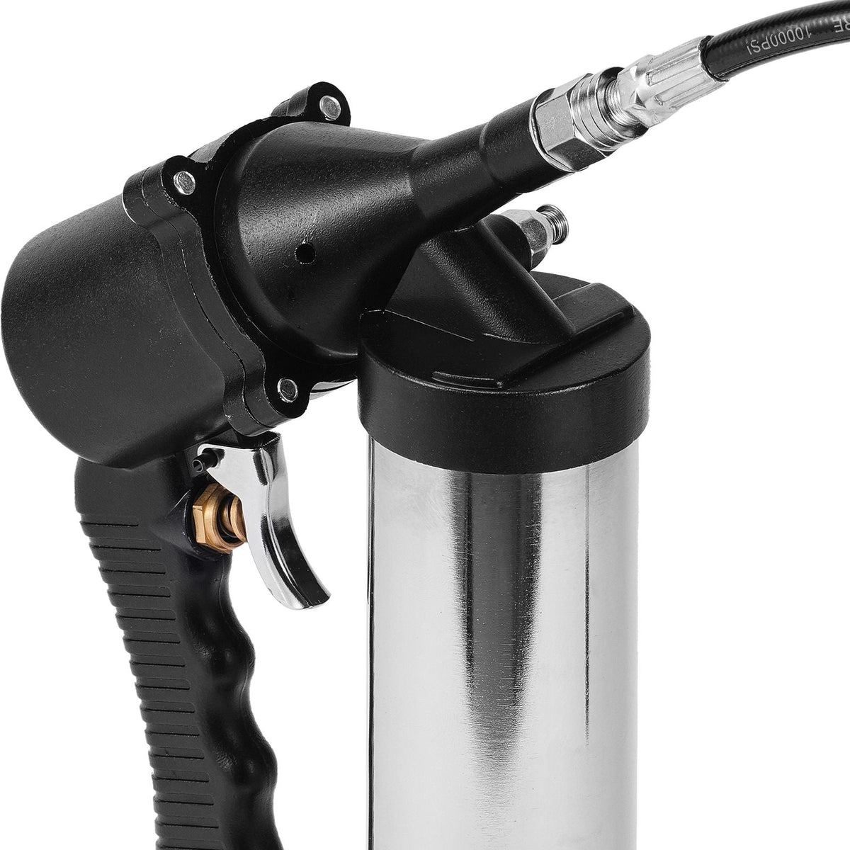 Air Operated Grease Gun, 6000PSI, 14 OZ/400 CC Capacity Heavy Duty Pneumatic Grease Gun, with 18.5 Inch Flexible Hose, 1 Black Flat Coupler Pointed Coupler Bent Metal Pipe Locking Clamp Coupler