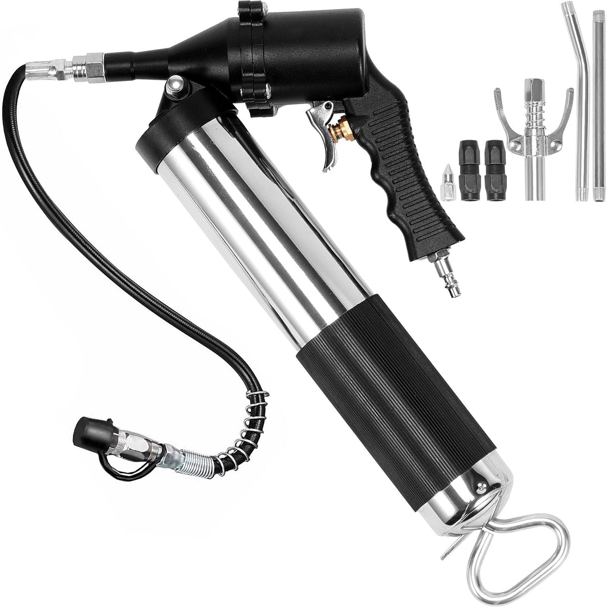 Air Operated Grease Gun, 6000PSI, 14 OZ/400 CC Capacity Heavy Duty Pneumatic Grease Gun, with 18.5 Inch Flexible Hose, 1 Black Flat Coupler Pointed Coupler Bent Metal Pipe Locking Clamp Coupler