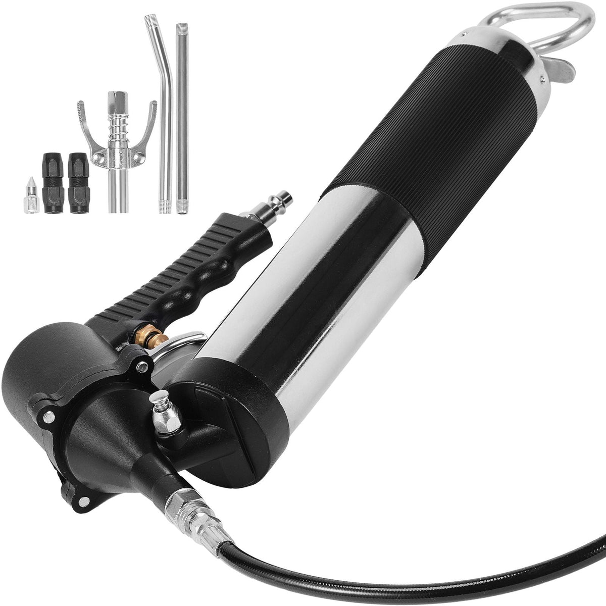 Air Operated Grease Gun, 6000PSI, 14 OZ/400 CC Capacity Heavy Duty Pneumatic Grease Gun, with 18.5 Inch Flexible Hose, 1 Black Flat Coupler Pointed Coupler Bent Metal Pipe Locking Clamp Coupler