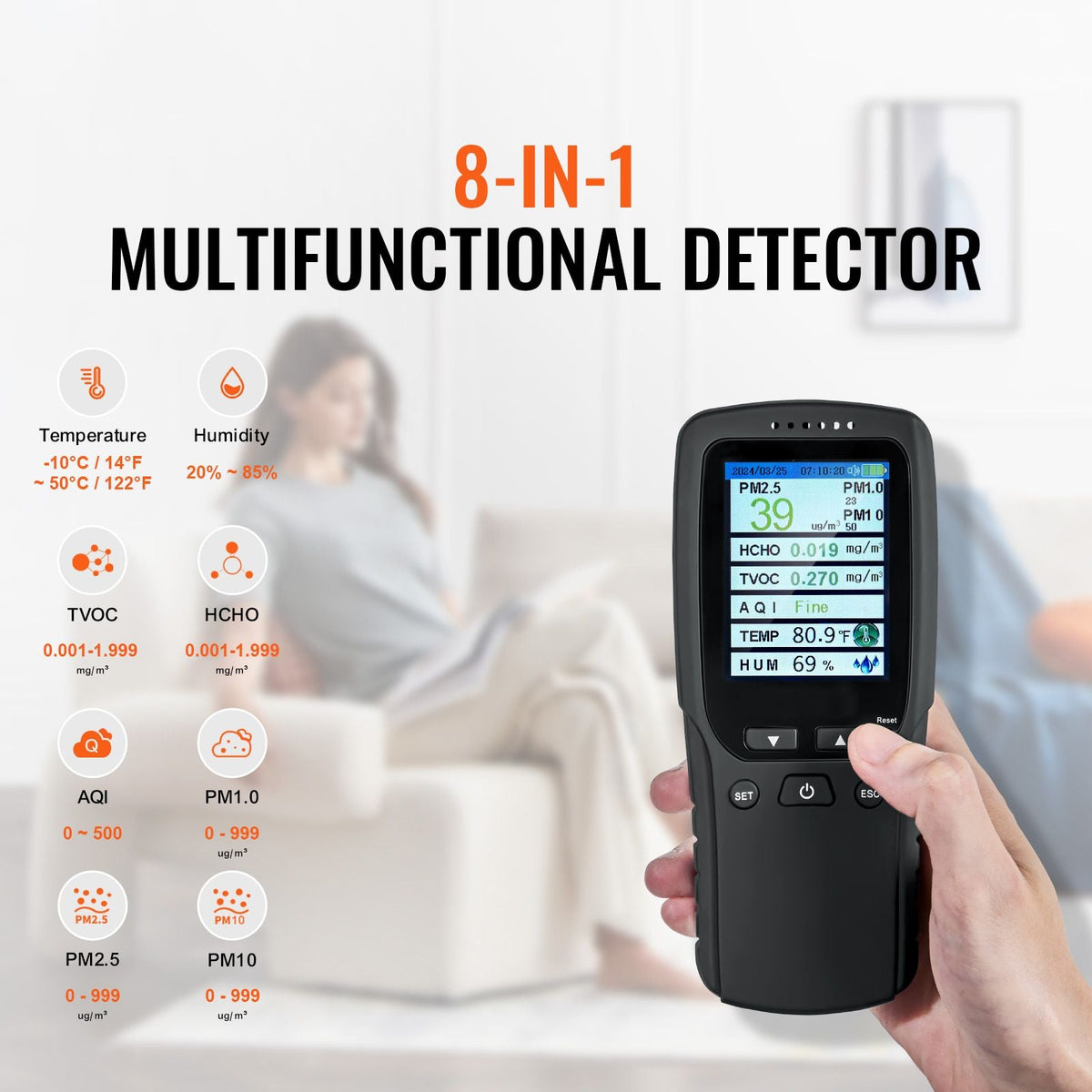 Air Quality Monitor 8-IN-1, Professional PM2.5 PM10 PM1.0 Particle Counter, Formaldehyde, Temperature, Humidity, TVOC AQI Tester for Indoor/Outdoor, Air Quality Meter w/Alarm Thresholds