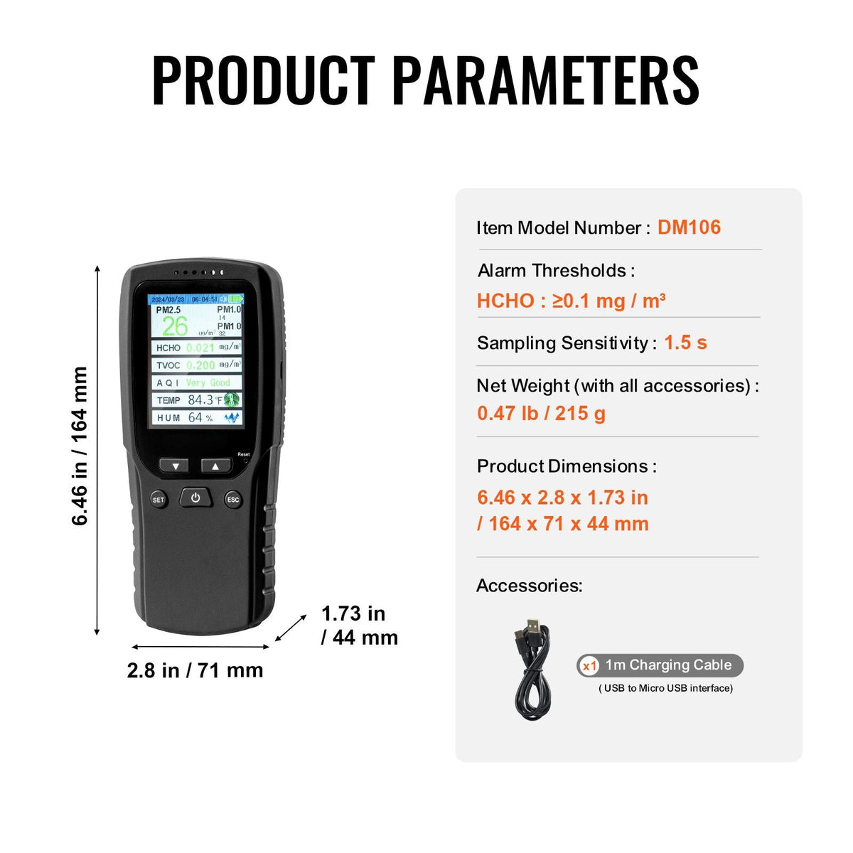 Air Quality Monitor 8-IN-1, Professional PM2.5 PM10 PM1.0 Particle Counter, Formaldehyde, Temperature, Humidity, TVOC AQI Tester for Indoor/Outdoor, Air Quality Meter w/Alarm Thresholds