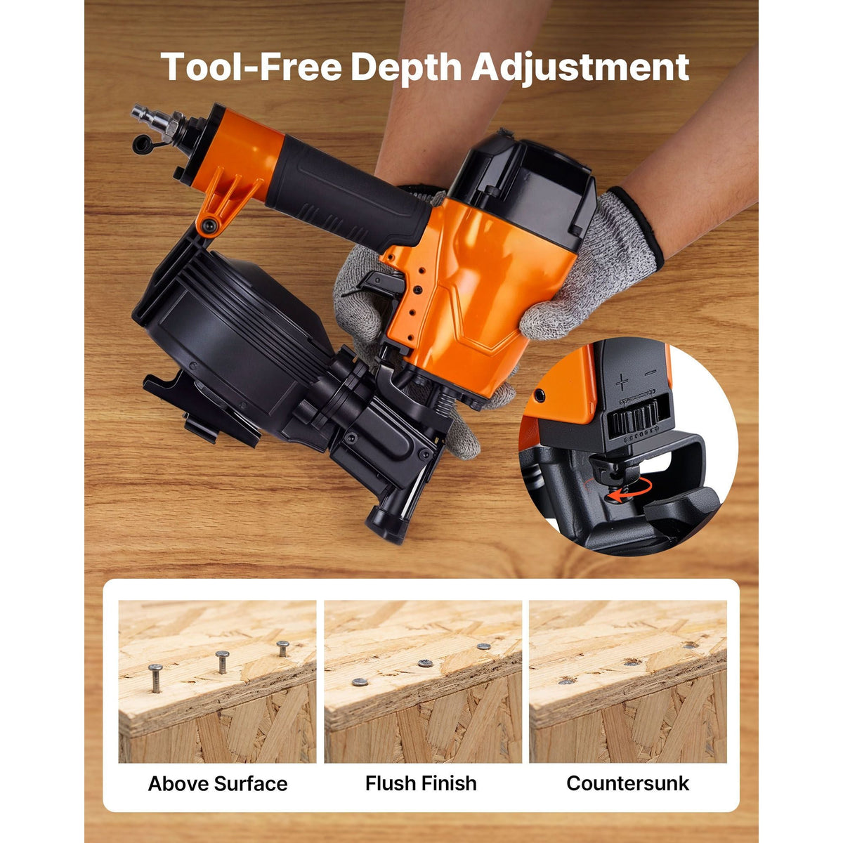 Air Roofing Nailer CN45C, 3/4" to 1-3/4" 15 Degree Roofing Nail Gun with Two Firing Modes & Tool-Free Depth Adjustment, 70-110 PSI Pneumatic Coil Nailer for Asphalt Shingles, Roof Sheathing