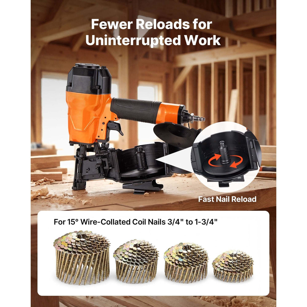 Air Roofing Nailer CN45C, 3/4" to 1-3/4" 15 Degree Roofing Nail Gun with Two Firing Modes & Tool-Free Depth Adjustment, 70-110 PSI Pneumatic Coil Nailer for Asphalt Shingles, Roof Sheathing