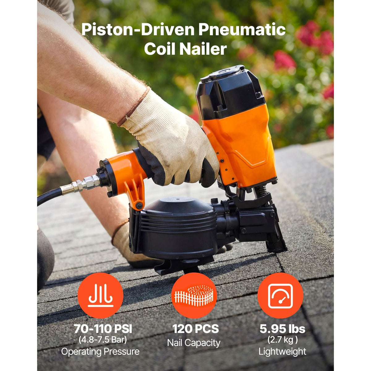 Air Roofing Nailer CN45C, 3/4" to 1-3/4" 15 Degree Roofing Nail Gun with Two Firing Modes & Tool-Free Depth Adjustment, 70-110 PSI Pneumatic Coil Nailer for Asphalt Shingles, Roof Sheathing