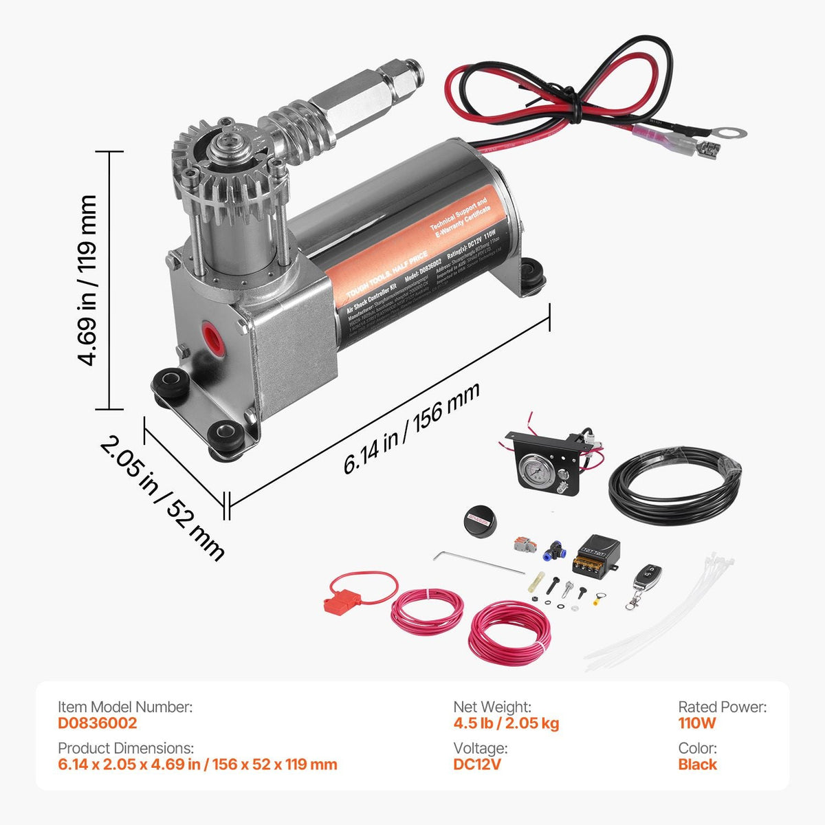 Air Shock Controller Kit, 12V 100PSI On Board Air Compressor System, Air Ride Suspension Compressor Kit with Single Path System, Pressure Gauge & Air Line for Trucks Vans