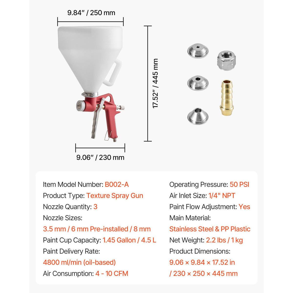 Air Texture Spray Gun, 1.45 Gallon Air Hopper Spray Gun, Professional Drywall Texture Painting Sprayer with 3 Nozzles (3.5mm, 6mm, 8mm) for Popcorn, Knockdown, Orange Peel Textures