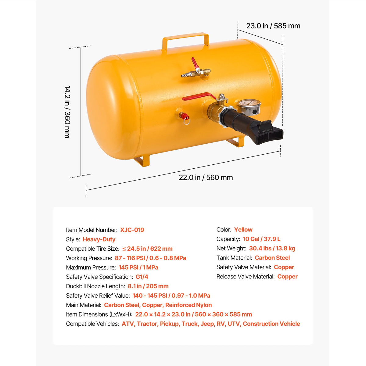 Air Tire Bead Seater, 10 Gal / 37.9 L, Heavy Duty Tire Bead Blaster Tool, 87-116 PSI Operating Pressure, Air Trigger Seating Inflator for ATV, Tractor, Pickup, Truck, Jeep, RV, UTV, Yellow