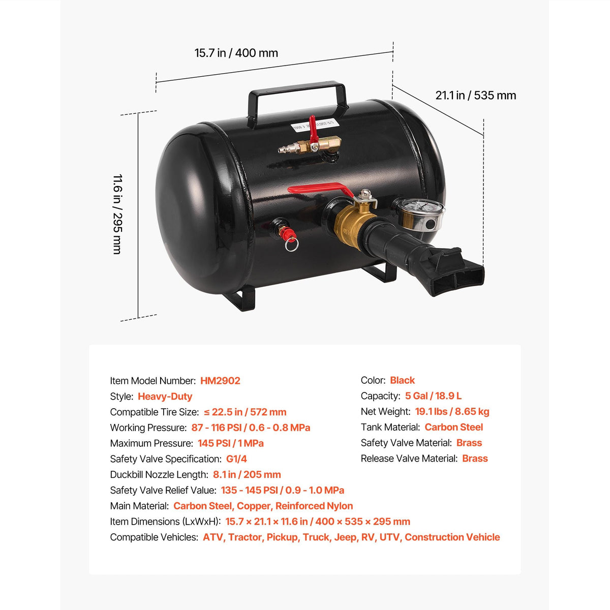 Air Tire Bead Seater, 5 Gal / 18.9 L, Heavy Duty Tire Bead Blaster Tool, 87-116 PSI Operating Pressure, Air Trigger Seating Inflator for Pickup, Truck, ATV, Jeep, Van, Lawn Tractor, RV, Black