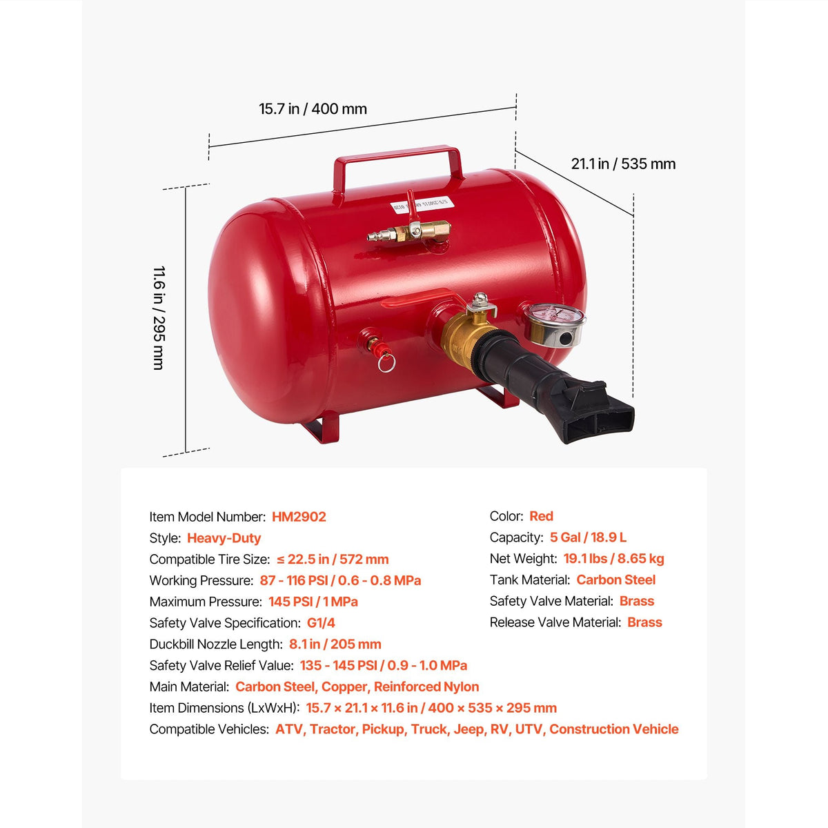 Air Tire Bead Seater, 5 Gal / 18.9 L, Heavy Duty Tire Bead Blaster Tool, 87-116 PSI Operating Pressure, Air Trigger Seating Inflator for Pickup, Truck, ATV, Jeep, Van, Lawn Tractor, RV, Red
