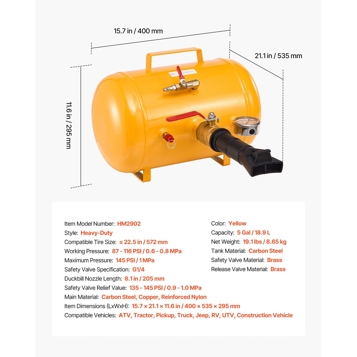 Air Tire Bead Seater, 5 Gal / 18.9 L, Heavy Duty Tire Bead Blaster Tool, 87-116 PSI Operating Pressure, Air Trigger Seating Inflator for Pickup, Truck, ATV, Jeep, Van, Lawn Tractor, RV, Yellow