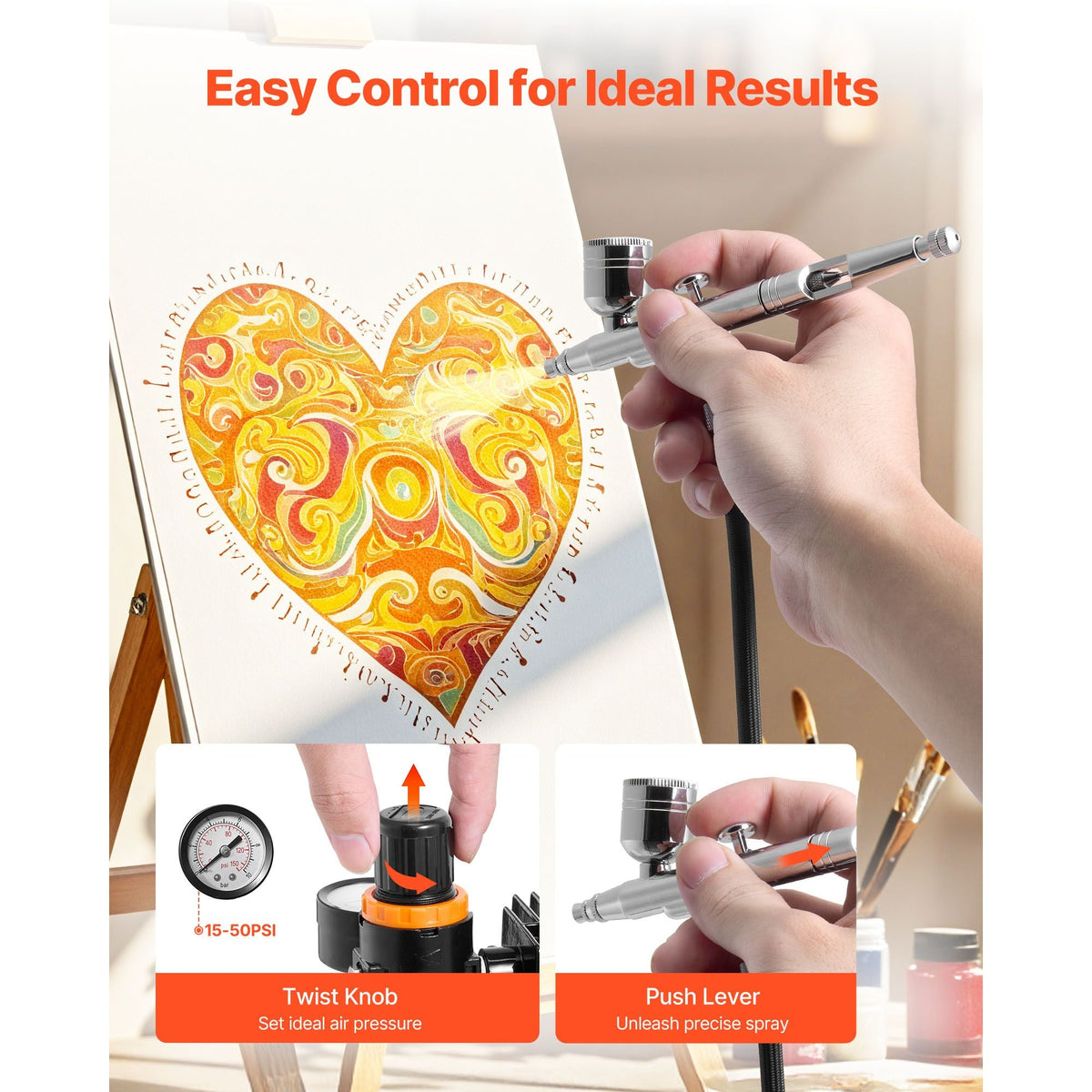 Airbrush Kit, 1/6 HP, Air Brush Kit with Air Compressor, 1 Dual-Action Professional Airbrush with 3 Tips, Hose, Holder, Cleaning Set, Low Noise, for Cake Decorating, Model Painting, Nail Art