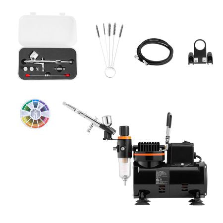 Airbrush Kit, 1/6 HP, Air Brush Kit with Air Compressor, 1 Dual-Action Professional Airbrush with 3 Tips, Hose, Holder, Cleaning Set, Low Noise, for Cake Decorating, Model Painting, Nail Art