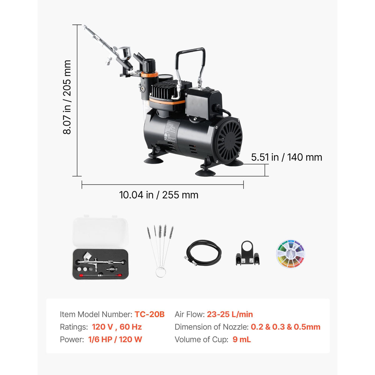 Airbrush Kit, 1/6 HP, Air Brush Kit with Air Compressor, 1 Dual-Action Professional Airbrush with 3 Tips, Hose, Holder, Cleaning Set, Low Noise, for Cake Decorating, Model Painting, Nail Art