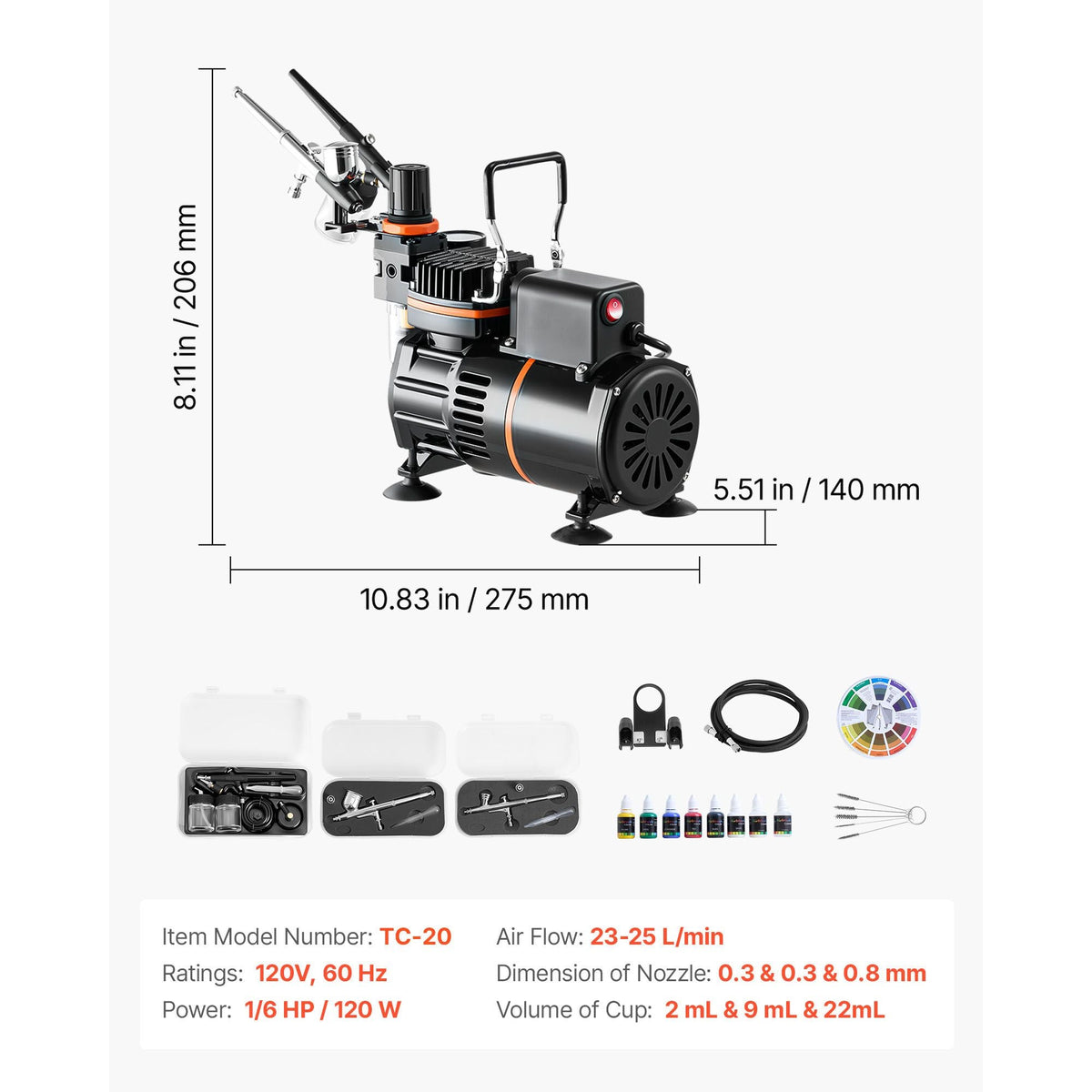 Airbrush Kit, 1/6 HP, Air Brush Kit with Air Compressor, 3 Dual-Action Professional Airbrushes with 3 Tips, Hose, Acrylic Paint, 2 Fans, Low Noise, for Cake Decorating, Model Painting, Nail Art