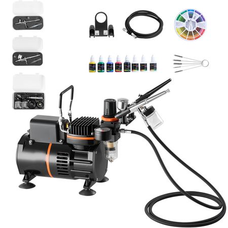 Airbrush Kit, 1/6 HP, Air Brush Kit with Air Compressor, 3 Dual-Action Professional Airbrushes with 3 Tips, Hose, Acrylic Paint, 2 Fans, Low Noise, for Cake Decorating, Model Painting, Nail Art