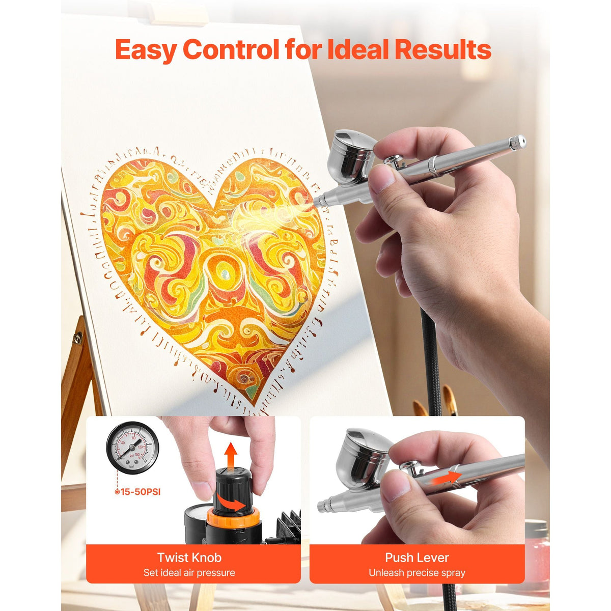 Airbrush Kit, 1/6 HP, Air Brush Kit with Air Compressor, 3 Dual-Action Professional Airbrushes with 3 Tips, Hose, Acrylic Paint, Brush, Low Noise, for Cake Decorating, Model Painting, Nail Art