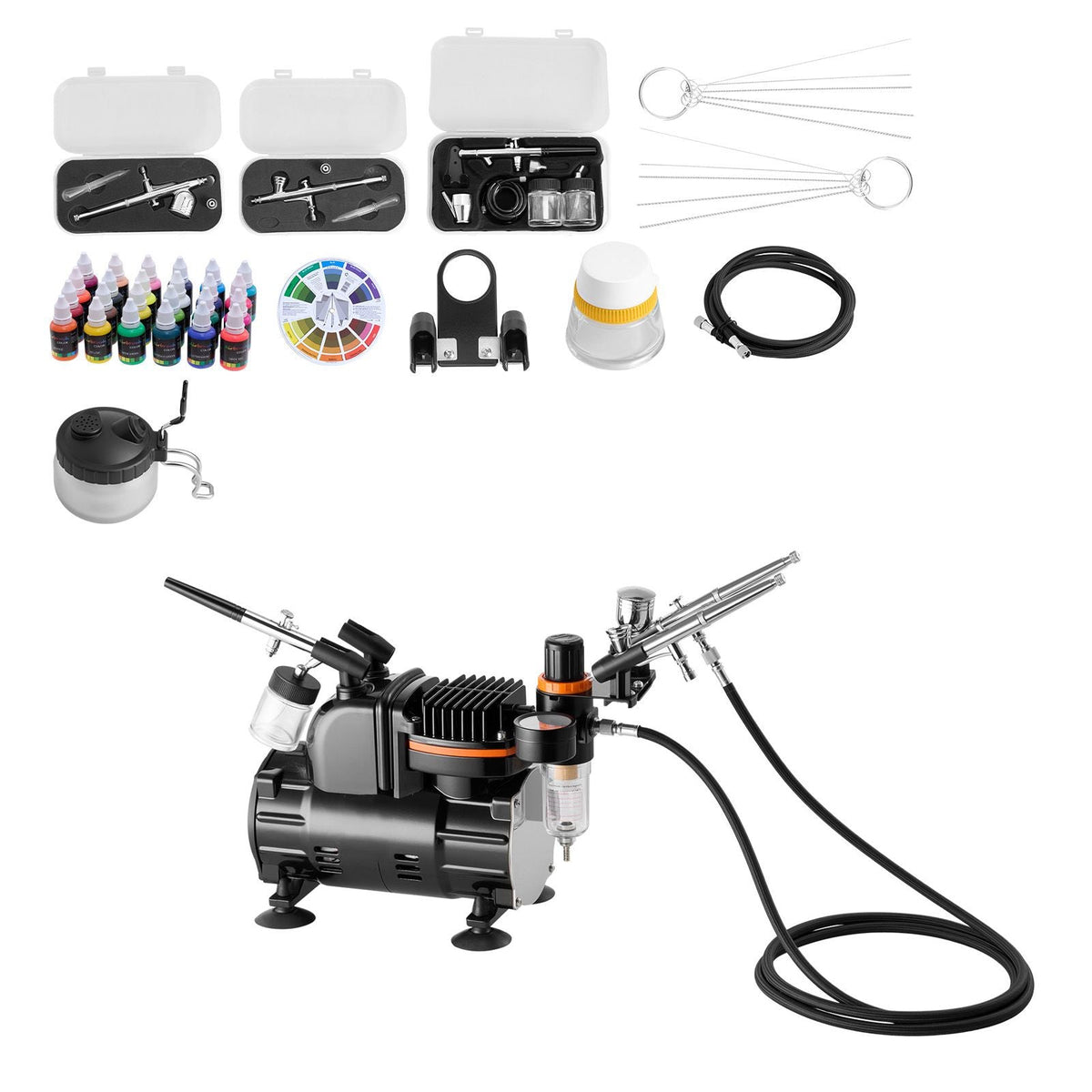 Airbrush Kit, 1/6 HP, Air Brush Kit with Air Compressor, 3 Dual-Action Professional Airbrushes with 3 Tips, Hose, Acrylic Paint, Brush, Low Noise, for Cake Decorating, Model Painting, Nail Art