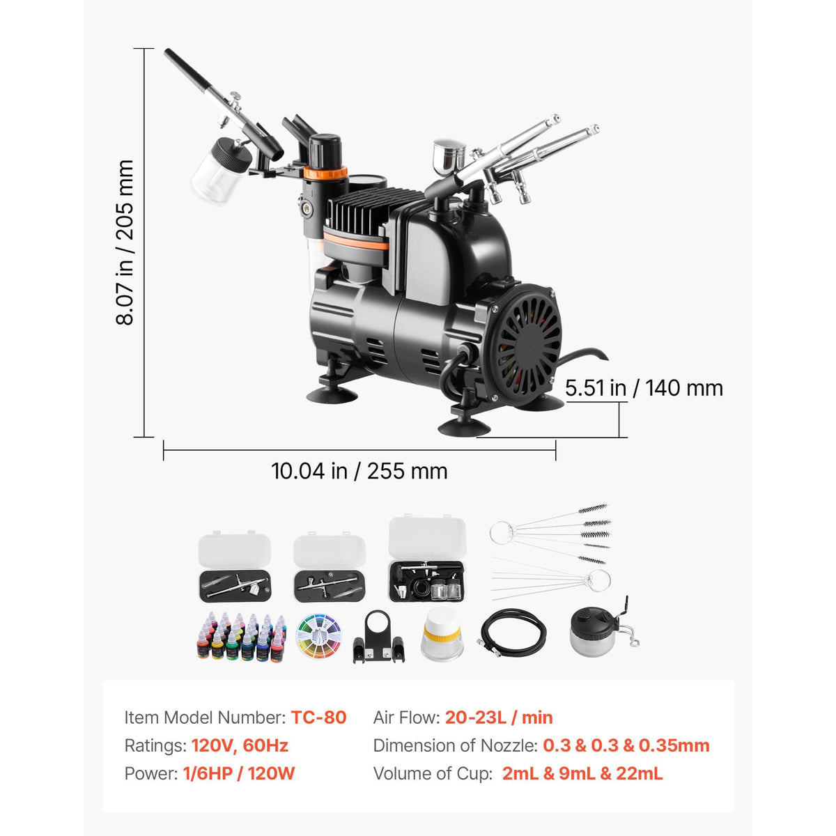 Airbrush Kit, 1/6 HP, Air Brush Kit with Air Compressor, 3 Dual-Action Professional Airbrushes with 3 Tips, Hose, Acrylic Paint, Brush, Low Noise, for Cake Decorating, Model Painting, Nail Art