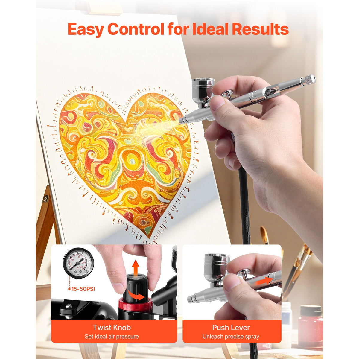 Airbrush Kit, 1/6 HP, Air Brush Kit with Air Compressor and Tank, 1 Dual-Action Professional Airbrush with 3 Tips, Acrylic Paint, Low Noise, for Cake Decorating, Model Painting, Nail Art