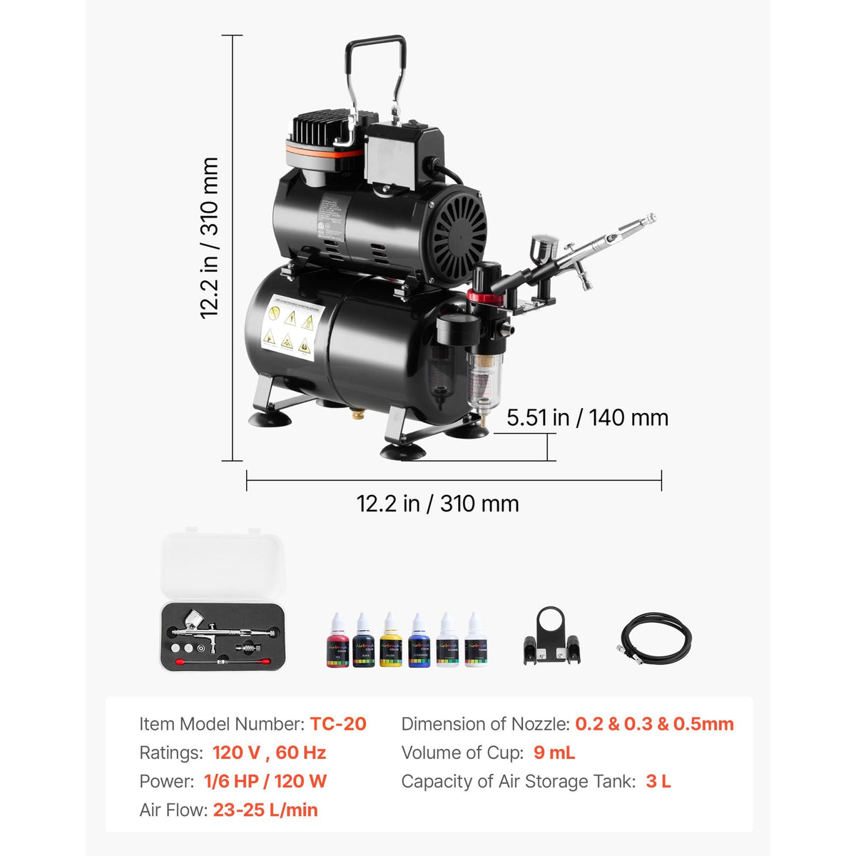 Airbrush Kit, 1/6 HP, Air Brush Kit with Air Compressor and Tank, 1 Dual-Action Professional Airbrush with 3 Tips, Acrylic Paint, Low Noise, for Cake Decorating, Model Painting, Nail Art