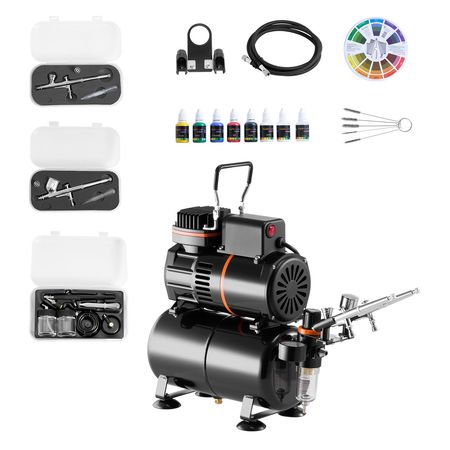Airbrush Kit, 1/6 HP, Air Brush Kit with Air Compressor and Tank, 3 Dual-Action Professional Airbrushes with 3 Tips, Hose, Acrylic Paint, 2 Fans, for Cake Decorating, Model Painting, Nail Art