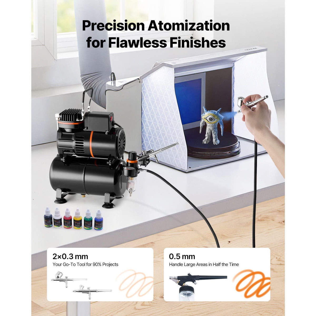 Airbrush Kit, 1/6 HP, Air Brush Kit with Air Compressor and Tank, 3 Dual-Action Professional Airbrushes with 3 Tips, Hose, Acrylic Paint, 2 Fans, for Cake Decorating, Model Painting, Nail Art