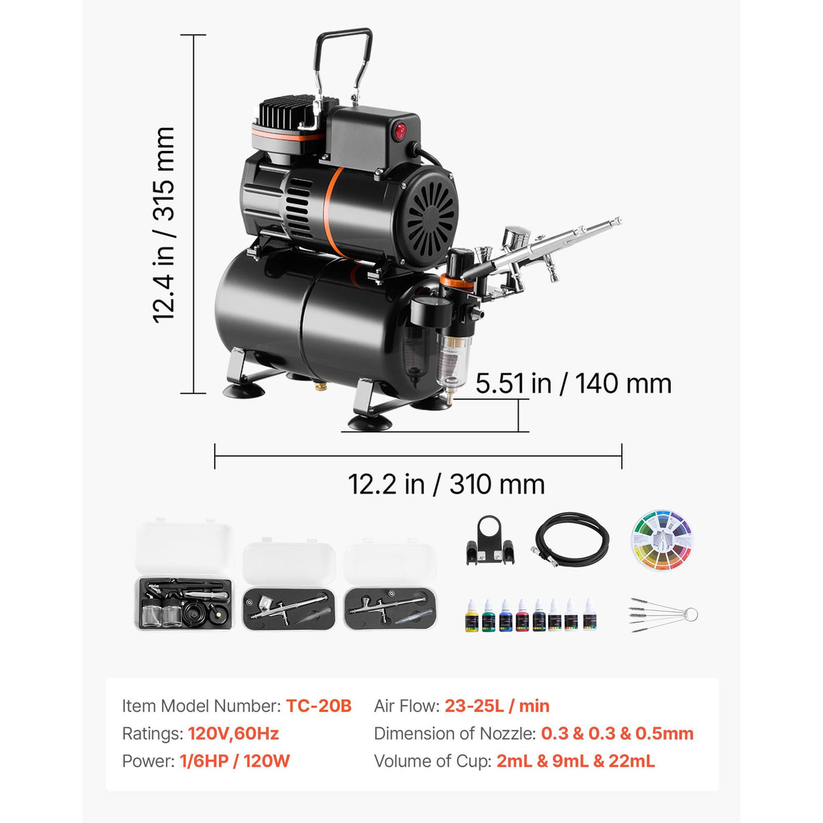 Airbrush Kit, 1/6 HP, Air Brush Kit with Air Compressor and Tank, 3 Dual-Action Professional Airbrushes with 3 Tips, Hose, Acrylic Paint, 2 Fans, for Cake Decorating, Model Painting, Nail Art