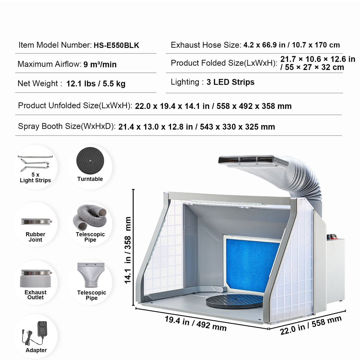 Airbrush Spray Booth, Dual-Fans Portable Hobby Airbrush Paint Spray Booth Kit with LED Lights and Exhaust Extension Hose, Airbrush Paint Booth for Painting Models, Arts, Crafts, Cakes