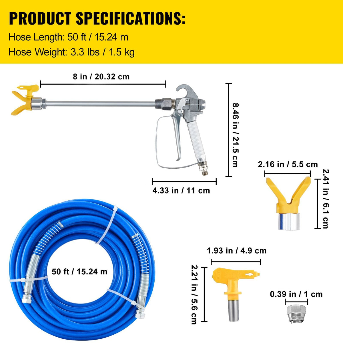 Airless Paint Spray Hose Kit, 50ft 3600 psi High Pressure Fiber Tube with 8 inch Extension Rod Pole, Including 517 Tip and Tip Guard, 1/4" Swivel Joint for Homes Buildings Decks or Fences