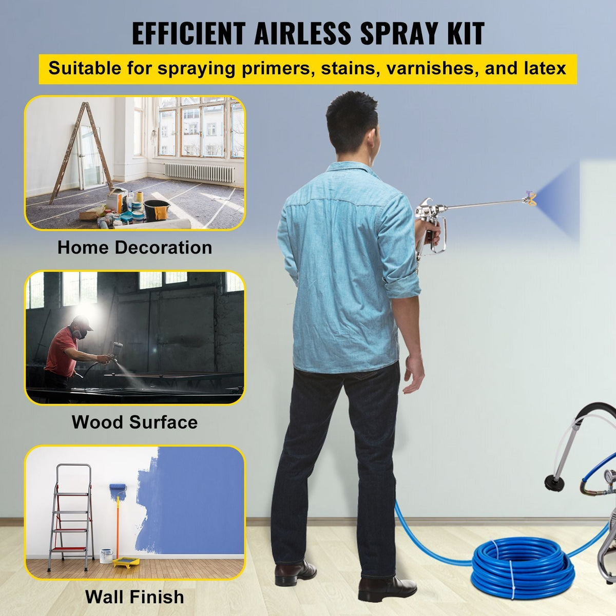 Airless Paint Spray Hose Kit, 50ft 3600 psi High Pressure Fiber Tube with 8 inch Extension Rod Pole, Including 517 Tip and Tip Guard, 1/4" Swivel Joint for Homes Buildings Decks or Fences