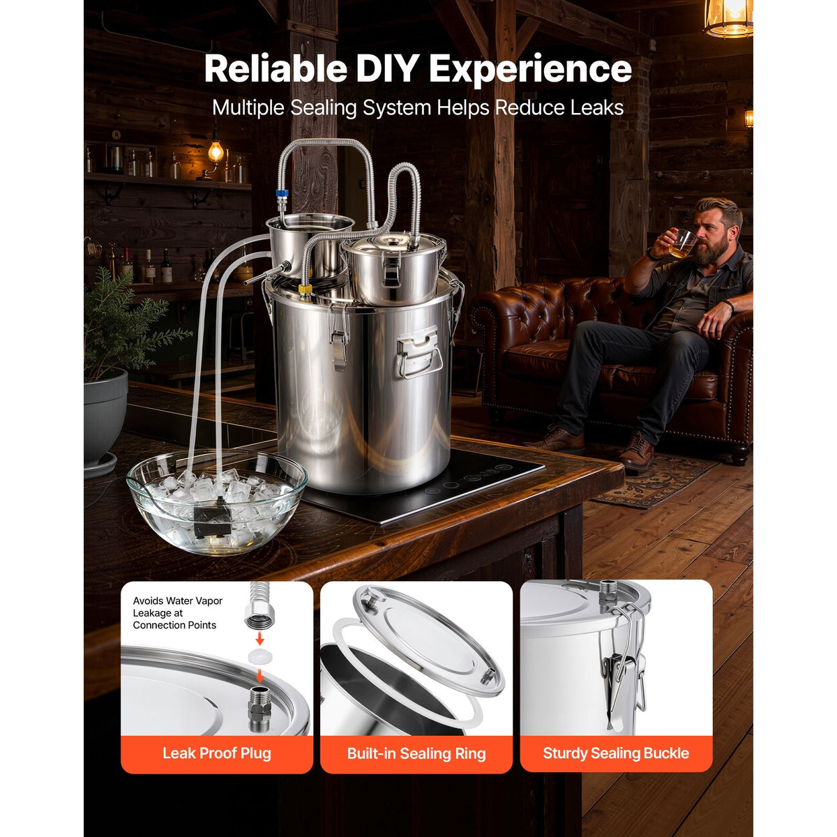 Alcohol Still, 13.2 GAL/ 50L Alcohol Distiller with Thumper Keg, Dual-scale Thermometer, and Water Pump, Home Brewing Kit for DIY Whiskey Wine Brandy