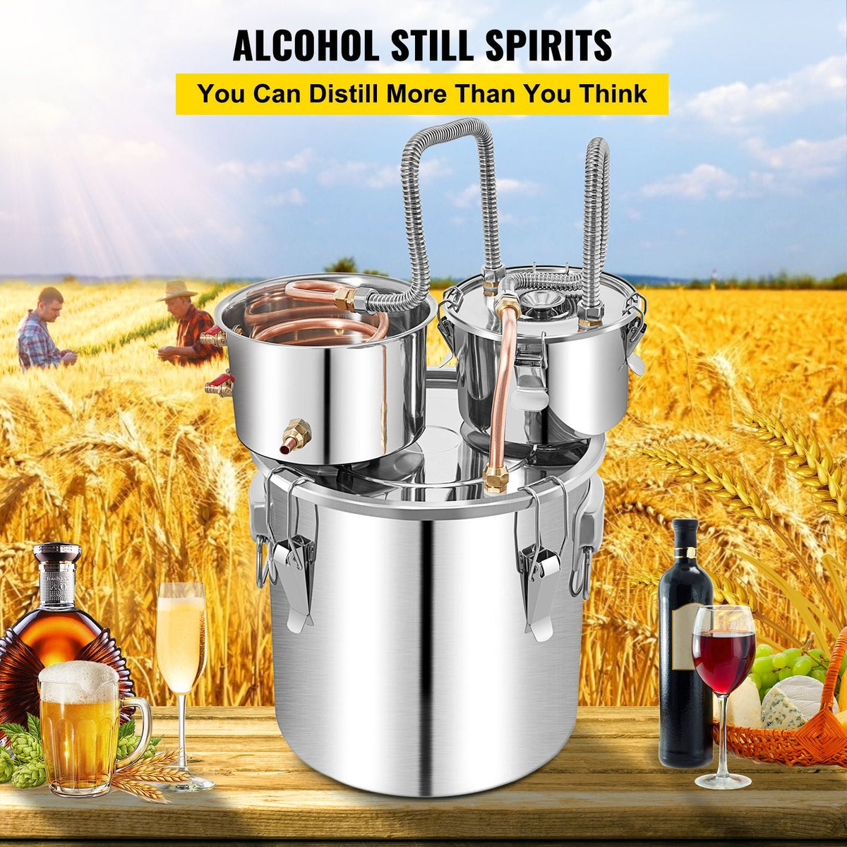 Alcohol Still, 13.2Gal / 50L Stainless Steel Water Alcohol Distiller Copper Tube Home Brewing Kit Build-in Thermometer for DIY Whisky Wine Brandy, Silver