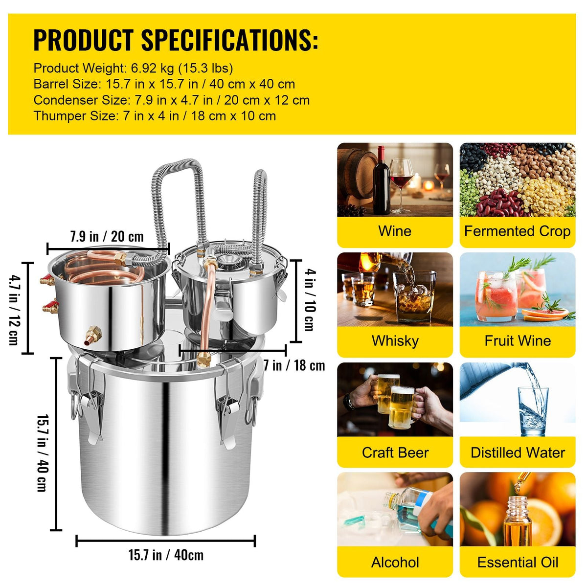Alcohol Still, 13.2Gal / 50L Stainless Steel Water Alcohol Distiller Copper Tube Home Brewing Kit Build-in Thermometer for DIY Whisky Wine Brandy, Silver