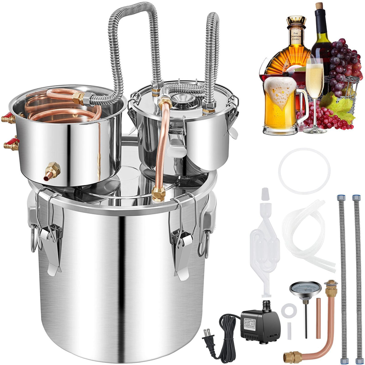Alcohol Still, 13.2Gal / 50L Stainless Steel Water Alcohol Distiller Copper Tube Home Brewing Kit Build-in Thermometer for DIY Whisky Wine Brandy, Silver