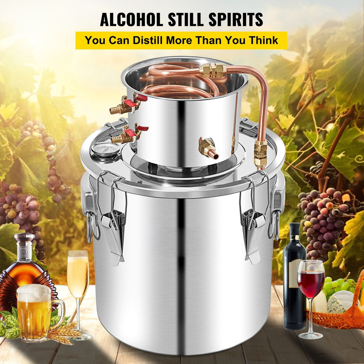 Alcohol Still 13.2Gal/50L, Alcohol Distiller with Circulating Pump, Alcohol Still Copper Tube, Whiskey Distilling Kit with Build-In Thermometer, Whiskey Making Kit for DIY Alcohol, Stainless Ste