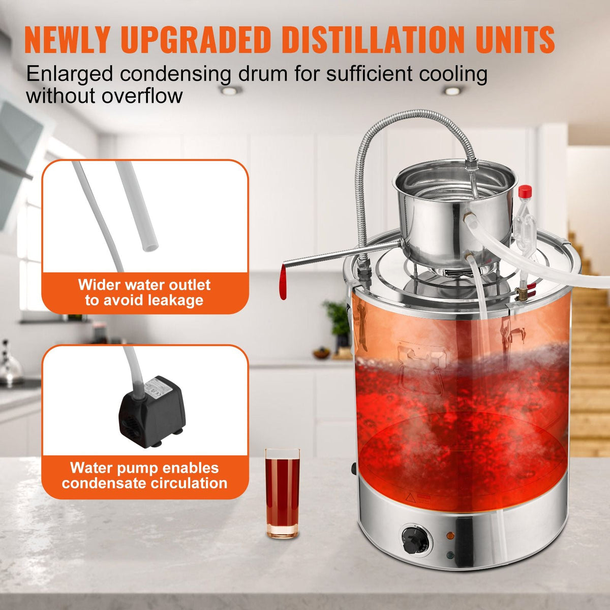 Alcohol Still, 15 Gal 50L Water Alcohol Distiller, Home Distillery Kit include Stainless Steel Tube & Pump & One-way Exhaust Valve & Thermometer (30-120 Celsius) for Whisky Wine Brandy, Silver