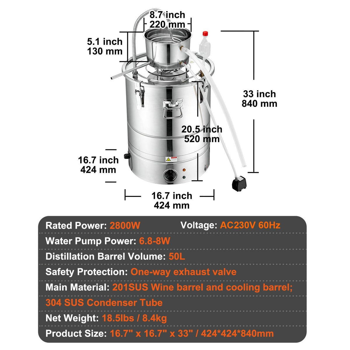 Alcohol Still, 15 Gal 50L Water Alcohol Distiller, Home Distillery Kit include Stainless Steel Tube & Pump & One-way Exhaust Valve & Thermometer (30-120 Celsius) for Whisky Wine Brandy, Silver