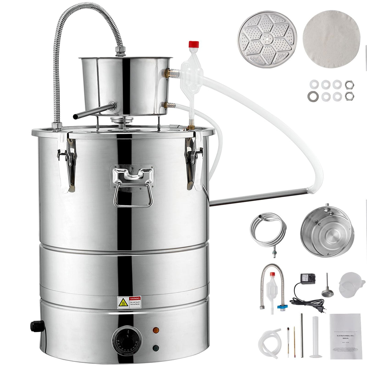 Alcohol Still, 15 Gal 50L Water Alcohol Distiller, Home Distillery Kit include Stainless Steel Tube & Pump & One-way Exhaust Valve & Thermometer (30-120 Celsius) for Whisky Wine Brandy, Silver