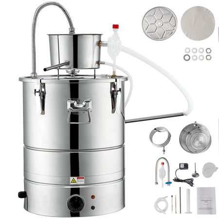Alcohol Still, 15 Gal 50L Water Alcohol Distiller, Home Distillery Kit include Stainless Steel Tube & Pump & One-way Exhaust Valve & Thermometer (30-120 Celsius) for Whisky Wine Brandy, Silver